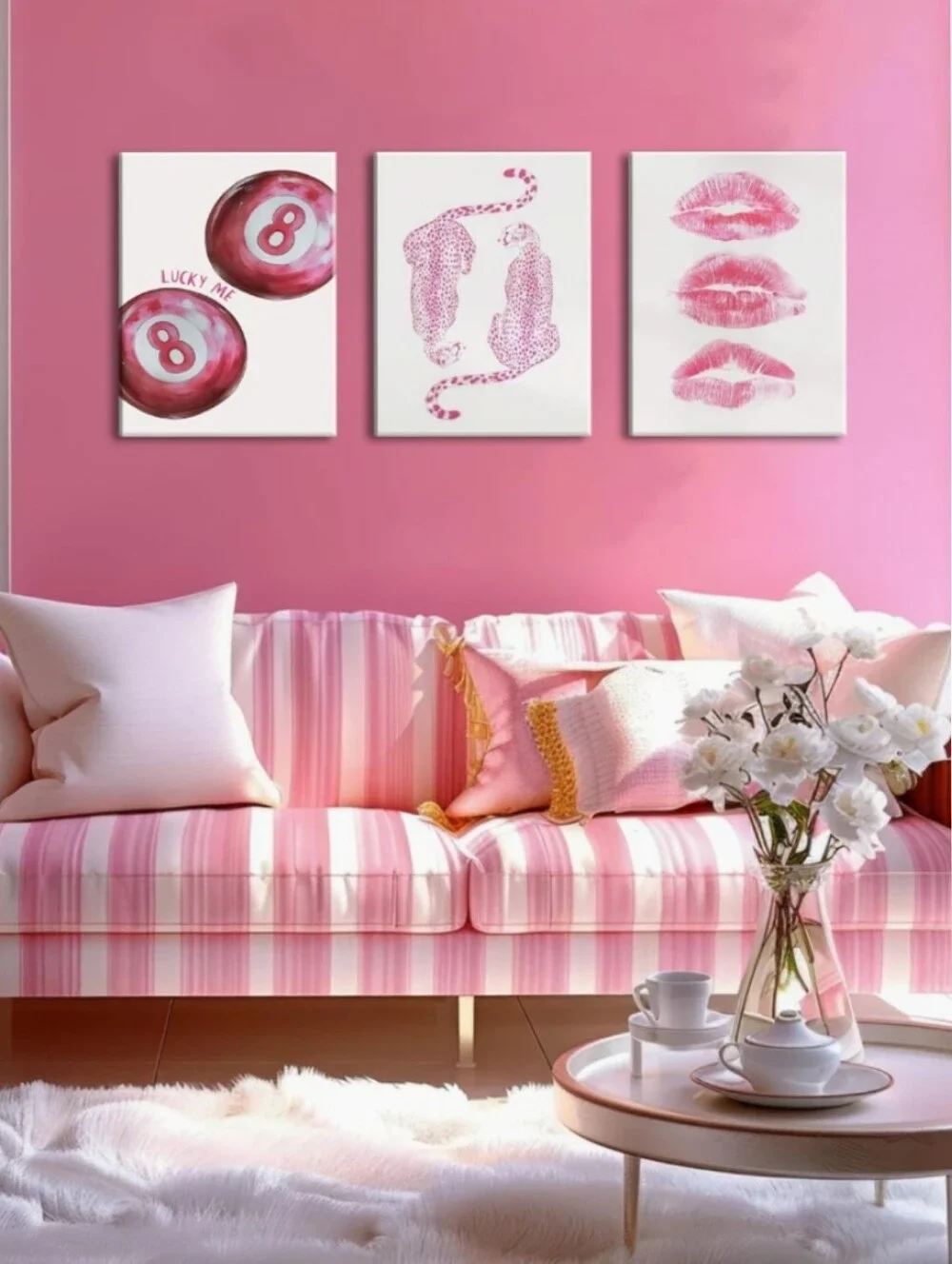 NWT 3Piece Pink Aesthetic Leopard Lips 8 Ball Dorm Ready Canvas Wrapped Wall Art